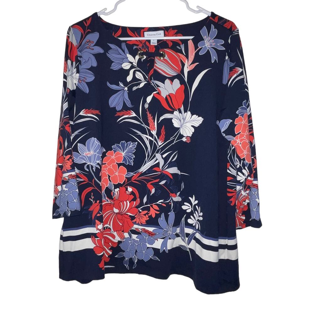 Charter Club Blue Floral Blouse Scoop Neck 3/4 Sleeves Size Large